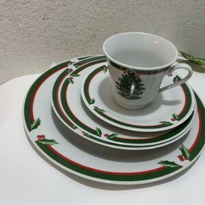Pacific Rim CHRISTMAS TREE Porcelain dinner salad plates Cups & Saucers 5 piece